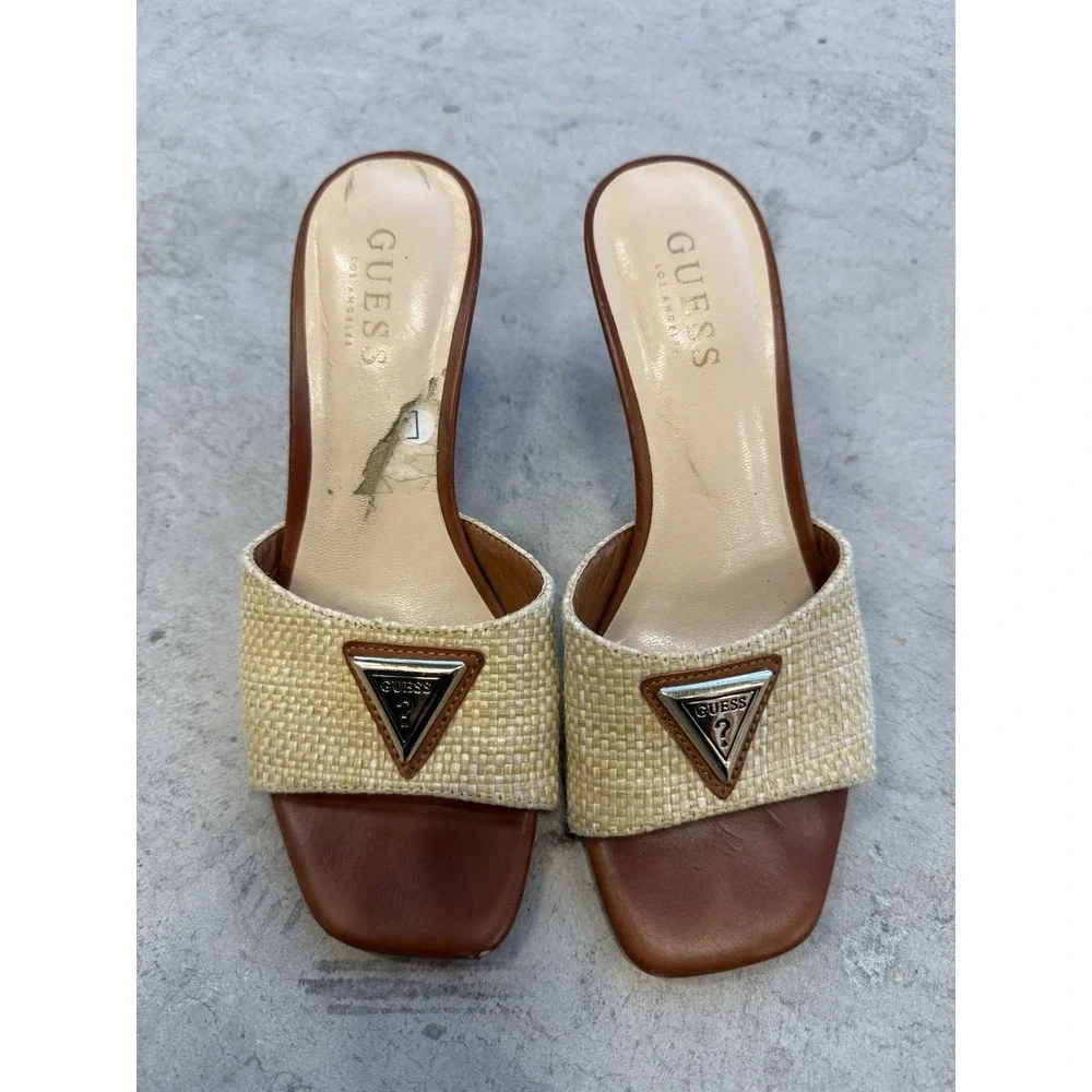 GUESS Women's Beige/Brown Raffia Logo Slide Sandals Slip-On Open Toe US 5M
